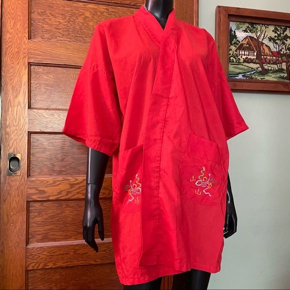 Vintage dragon embroidered kimono house coat Unisex design China red - Picture 2 of 11
